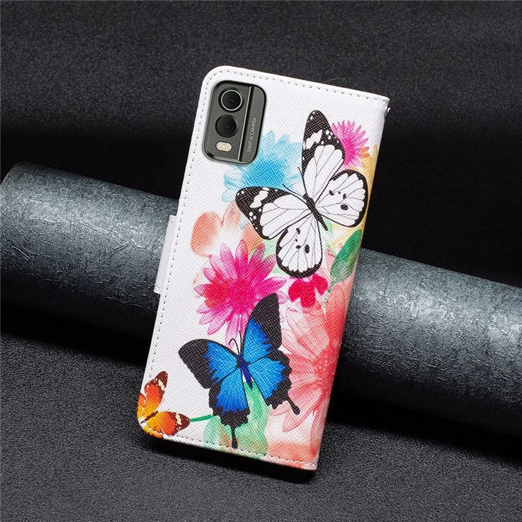 For Nokia C32 Pattern Printing Phone Case PU Leather Stand Wallet Flip Cover - Two Butterflies