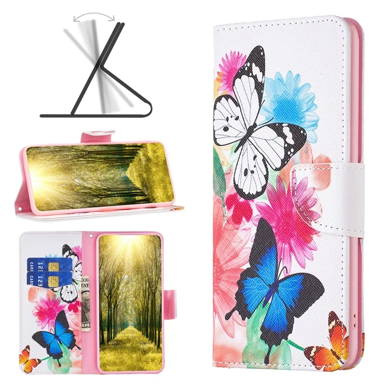 For Nokia C32 Pattern Printing Phone Case PU Leather Stand Wallet Flip Cover - Two Butterflies