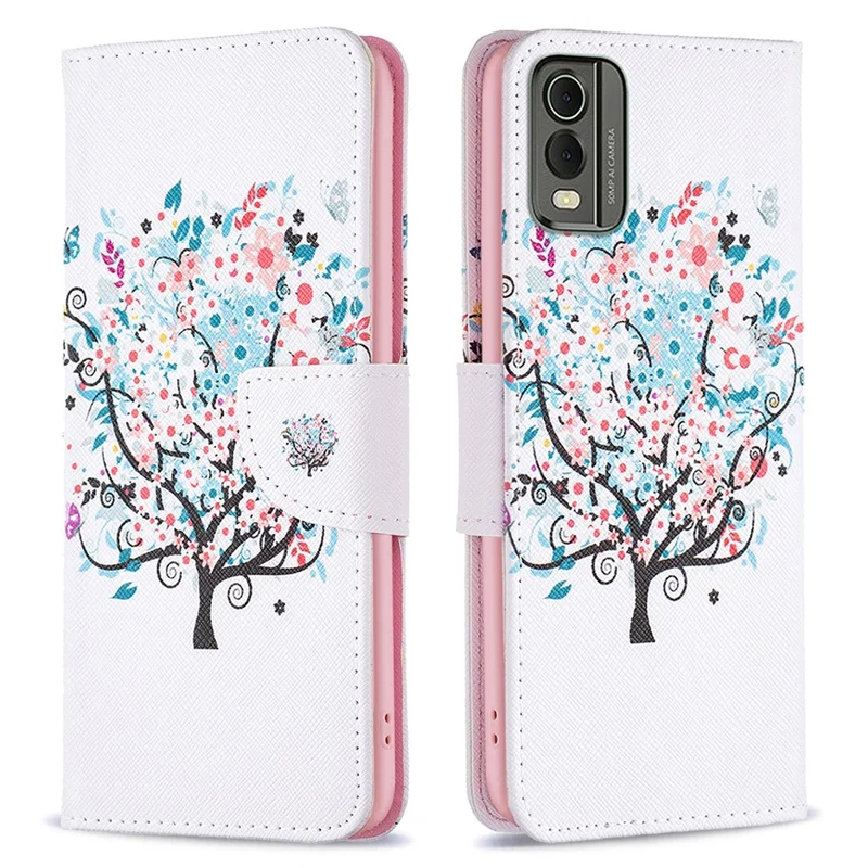 For Nokia C32 Pattern Printing Phone Case PU Leather Stand Wallet Flip Cover - Flower Tree