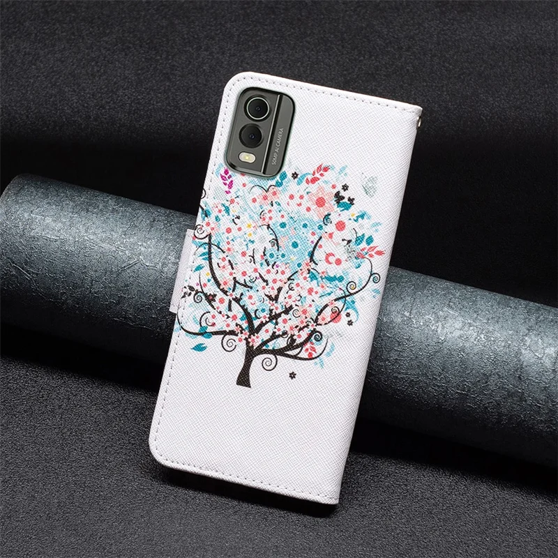 For Nokia C32 Pattern Printing Phone Case PU Leather Stand Wallet Flip Cover - Flower Tree