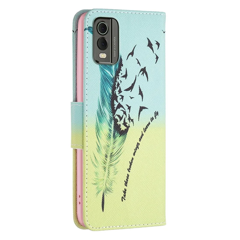 Pour le boîtier de téléphone à impression de motif Nokia C32 en cuir PU avec support portefeuille Flip Cover - Plume et oiseaux