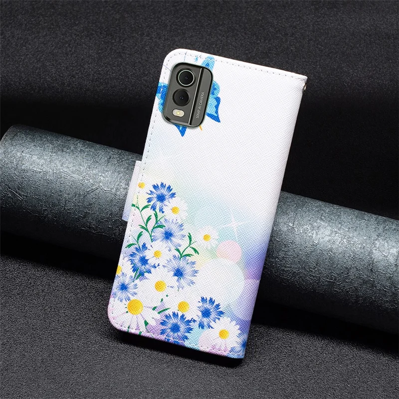 For Nokia C32 Pattern Printing Phone Case PU Leather Stand Wallet Flip Cover - Butterfly and Flowers