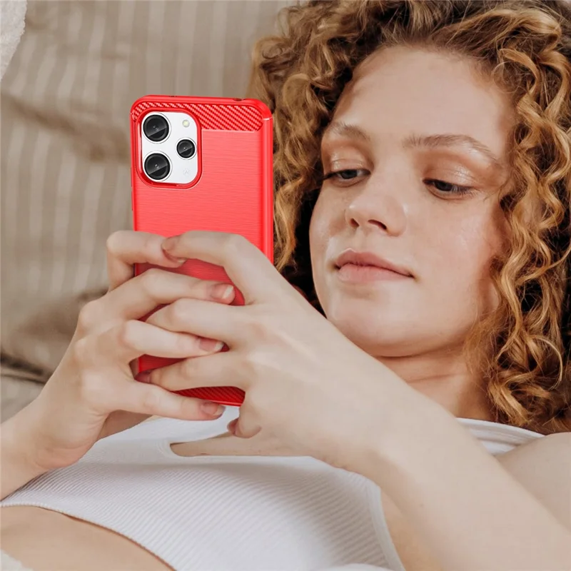 For Xiaomi Redmi 12 4G / 12 5G (Global) / Note 12R 5G / Poco M6 Pro 5G Carbon Fiber Texture Phone Case Soft TPU Brushed Phone Cover - Red