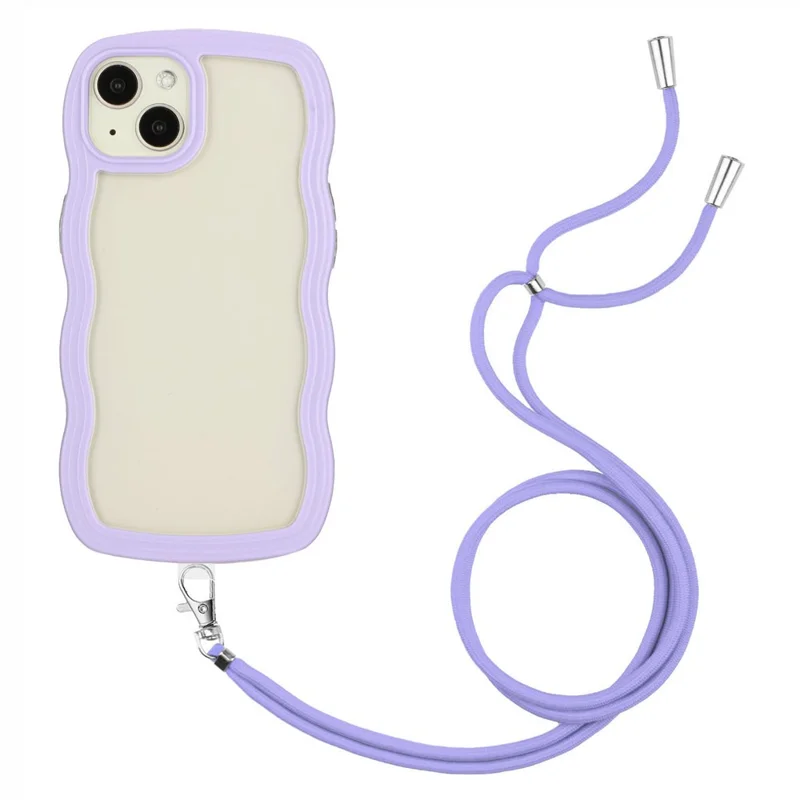 For iPhone 15 Wave Frame Shape Phone Case PC + TPU Transparent Cover with Adjustable Lanyard - Purple