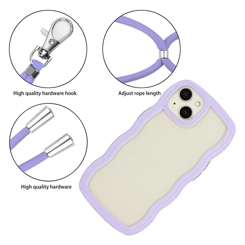 For iPhone 15 Wave Frame Shape Phone Case PC + TPU Transparent Cover with Adjustable Lanyard - Purple