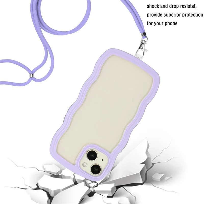 For iPhone 15 Wave Frame Shape Phone Case PC + TPU Transparent Cover with Adjustable Lanyard - Purple