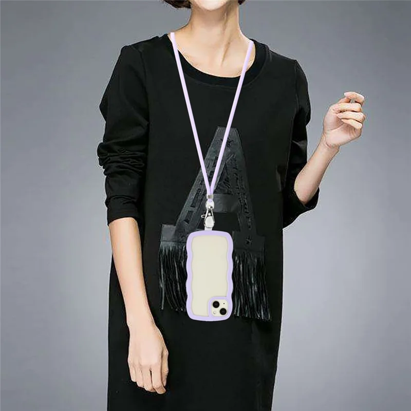 For iPhone 15 Wave Frame Shape Phone Case PC + TPU Transparent Cover with Adjustable Lanyard - Purple