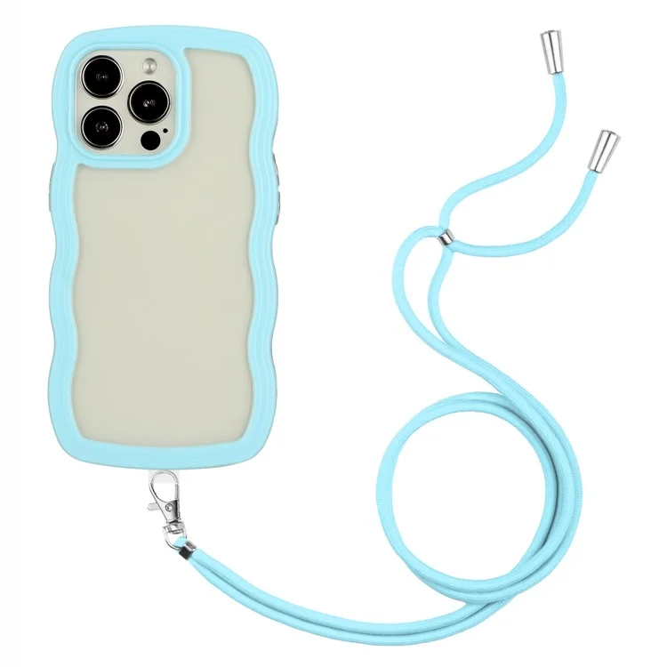 Para iPhone 15 Pro Max Funda de teléfono de marco de color desmontable Cubierta de onda transparente de PC + TPU Funda con cuerda colgante - Azul