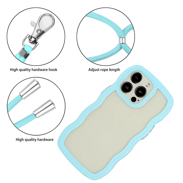 Para iPhone 15 Pro Max Funda de teléfono de marco de color desmontable Cubierta de onda transparente de PC + TPU Funda con cuerda colgante - Azul