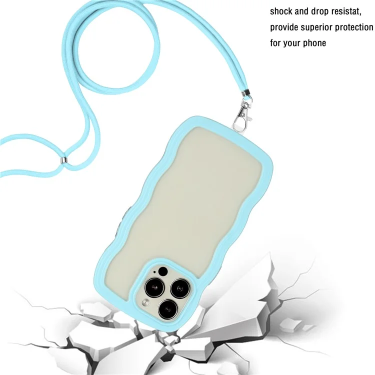 Para iPhone 15 Pro Max Funda de teléfono de marco de color desmontable Cubierta de onda transparente de PC + TPU Funda con cuerda colgante - Azul