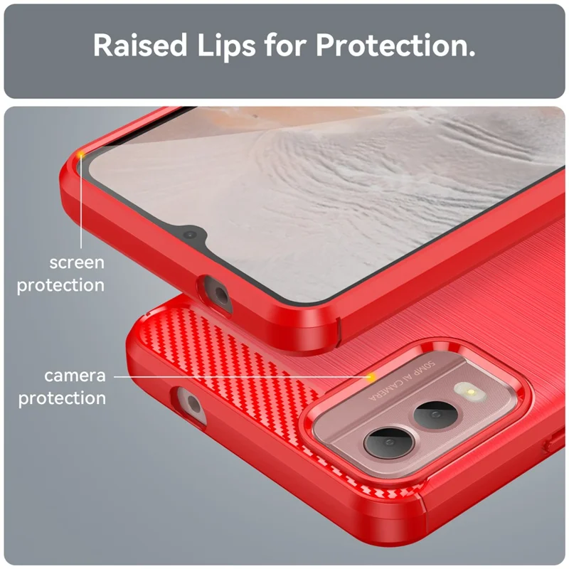 Étui de Téléphone TPU Soft Brossed Pour Nokia C32, Couverture de Smartphone de Texture en Fibre de Carbone - Rouge