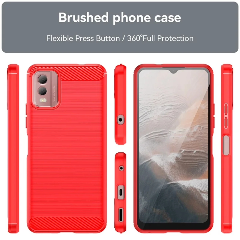 Étui de Téléphone TPU Soft Brossed Pour Nokia C32, Couverture de Smartphone de Texture en Fibre de Carbone - Rouge