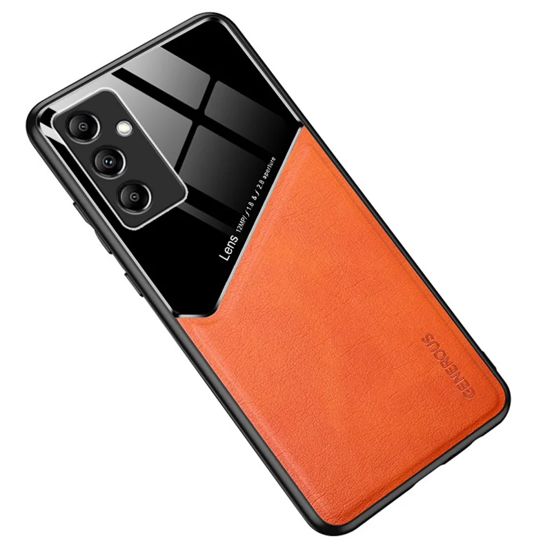 For Samsung Galaxy M14 5G PU Leather Coated TPU+PC Anti-drop Phone Back Case with Car Mount Metal Sheet - Orange