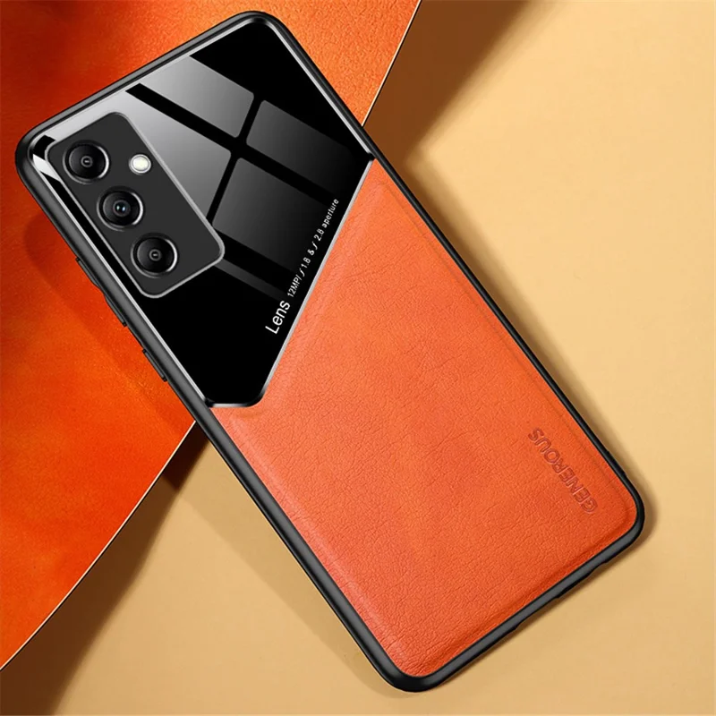 For Samsung Galaxy M14 5G PU Leather Coated TPU+PC Anti-drop Phone Back Case with Car Mount Metal Sheet - Orange