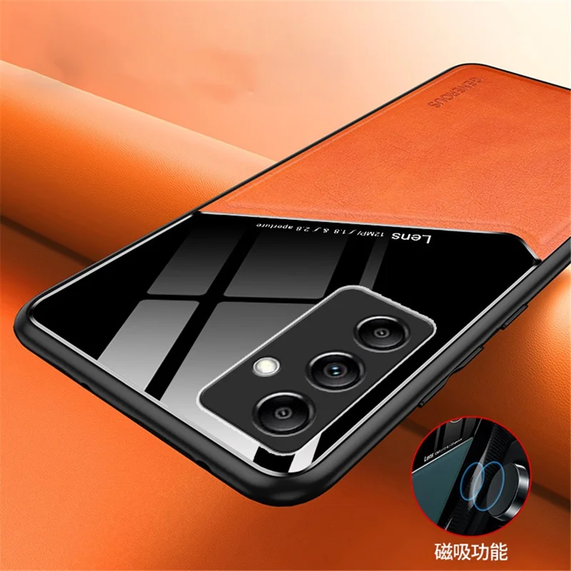 For Samsung Galaxy M14 5G PU Leather Coated TPU+PC Anti-drop Phone Back Case with Car Mount Metal Sheet - Orange