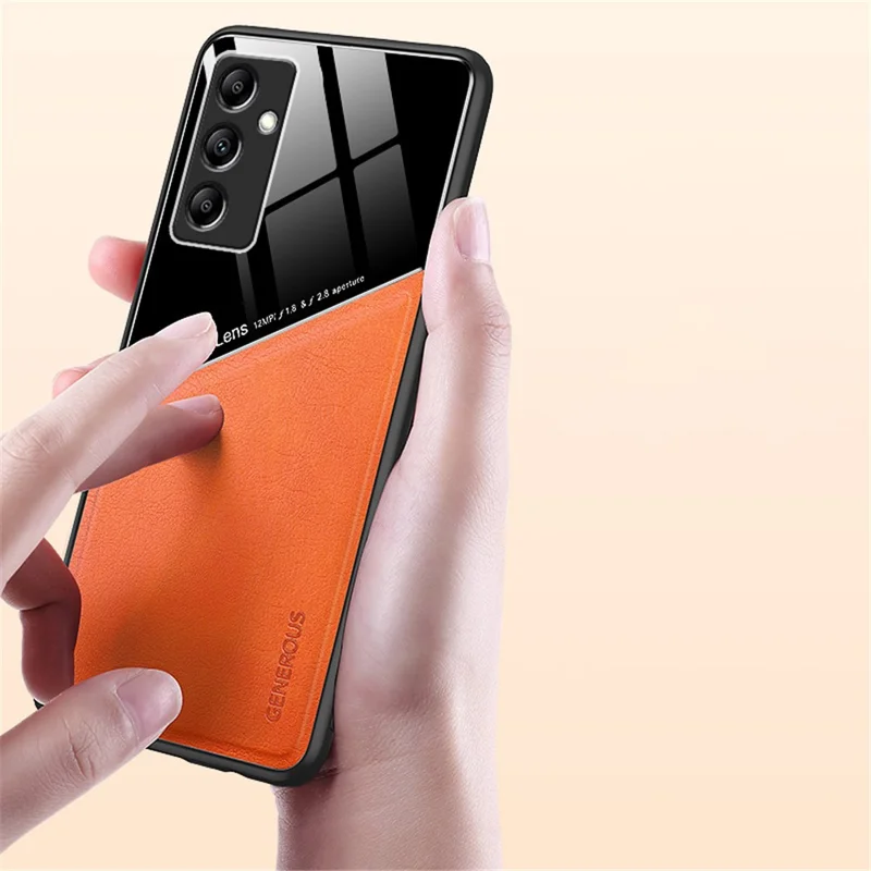 For Samsung Galaxy M14 5G PU Leather Coated TPU+PC Anti-drop Phone Back Case with Car Mount Metal Sheet - Orange
