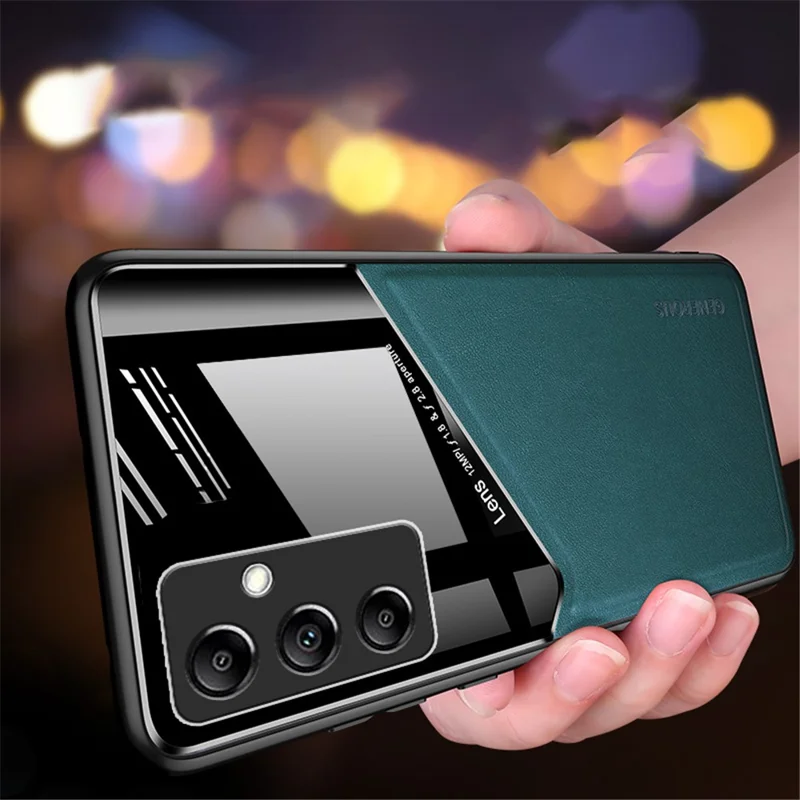 For Samsung Galaxy M14 5G PU Leather Coated TPU+PC Anti-drop Phone Back Case with Car Mount Metal Sheet - Orange