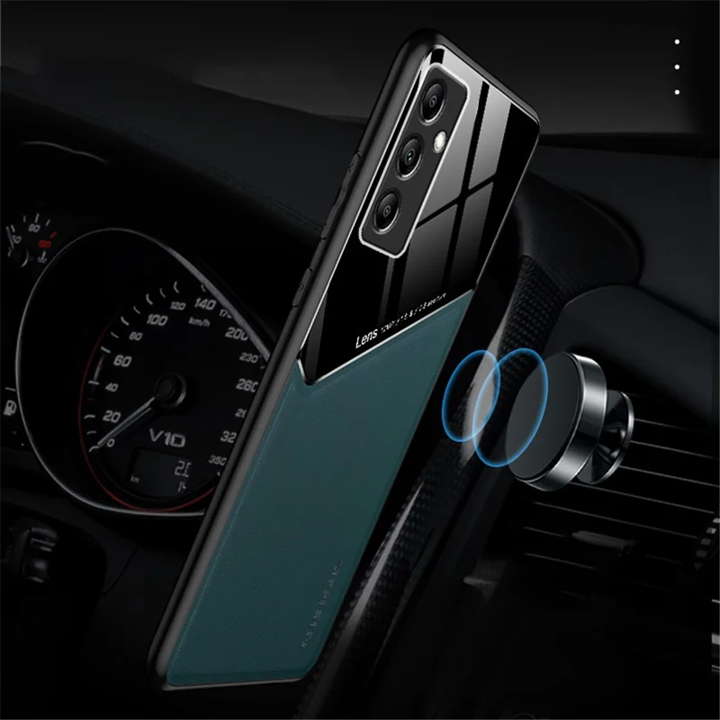 For Samsung Galaxy M14 5G PU Leather Coated TPU+PC Anti-drop Phone Back Case with Car Mount Metal Sheet - Orange