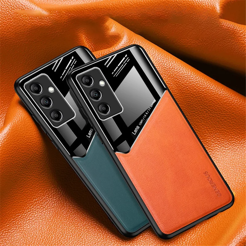 For Samsung Galaxy M14 5G PU Leather Coated TPU+PC Anti-drop Phone Back Case with Car Mount Metal Sheet - Orange