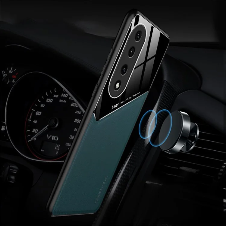 Shockproof Cover for Honor 90 Pro PU Leather Coated TPU+PC Phone Case with Car Mount Metal Sheet - Orange
