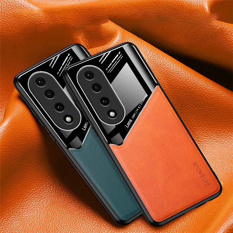 Shockproof Cover for Honor 90 Pro PU Leather Coated TPU+PC Phone Case with Car Mount Metal Sheet - Orange