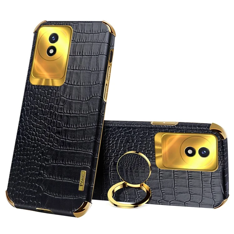 Per vivo Y02 4G Antigraffio Texture Coccodrillo Supporto Custodia Telefono 6D Elettroplaccati Pelle PU + TPU Cover - Nero