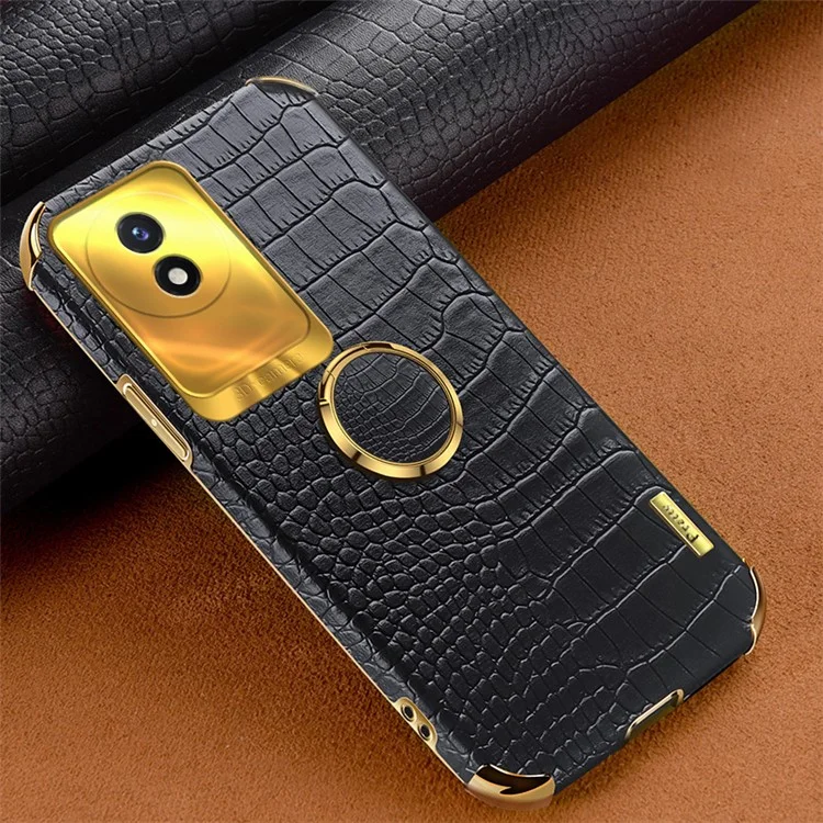Per vivo Y02 4G Antigraffio Texture Coccodrillo Supporto Custodia Telefono 6D Elettroplaccati Pelle PU + TPU Cover - Nero