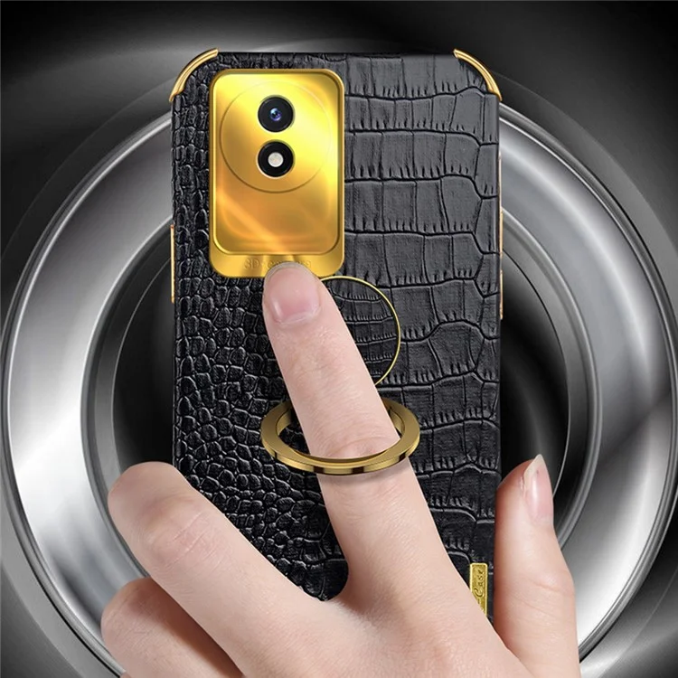 Per vivo Y02 4G Antigraffio Texture Coccodrillo Supporto Custodia Telefono 6D Elettroplaccati Pelle PU + TPU Cover - Nero
