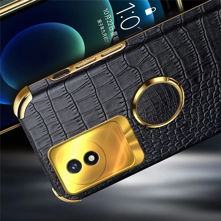Per vivo Y02 4G Antigraffio Texture Coccodrillo Supporto Custodia Telefono 6D Elettroplaccati Pelle PU + TPU Cover - Nero