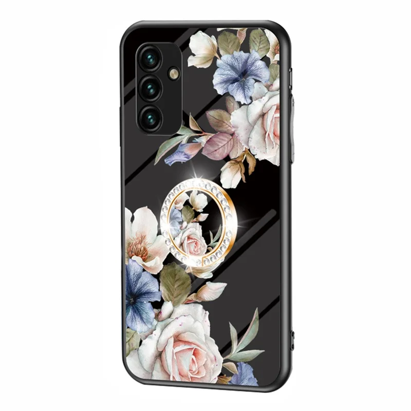 For Samsung Galaxy A14 5G / A14 4G Flower Pattern Phone Cover Tempered Glass+PC+TPU Case with Kickstand - Black Flower Bush