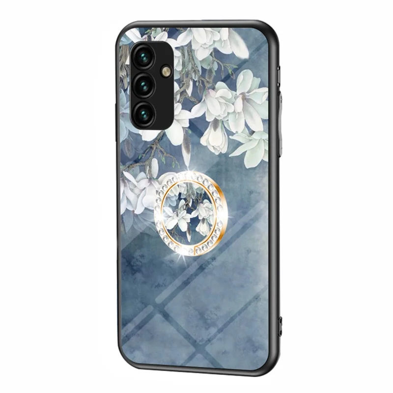 For Samsung Galaxy A14 5G / A14 4G Flower Pattern Phone Cover Tempered Glass+PC+TPU Case with Kickstand - Chinese Rose