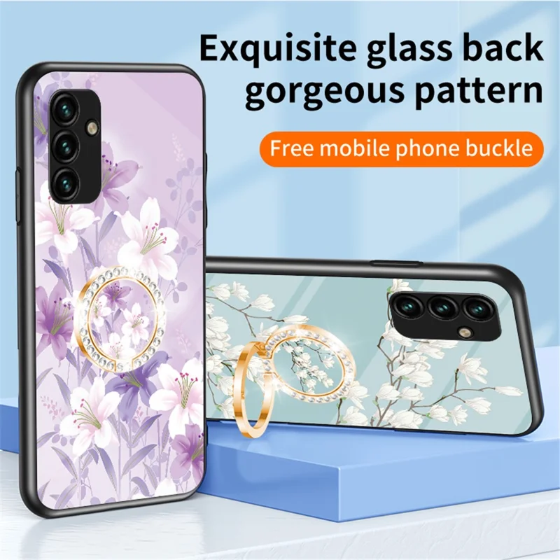 For Samsung Galaxy A14 5G / A14 4G Flower Pattern Phone Cover Tempered Glass+PC+TPU Case with Kickstand - Chinese Rose
