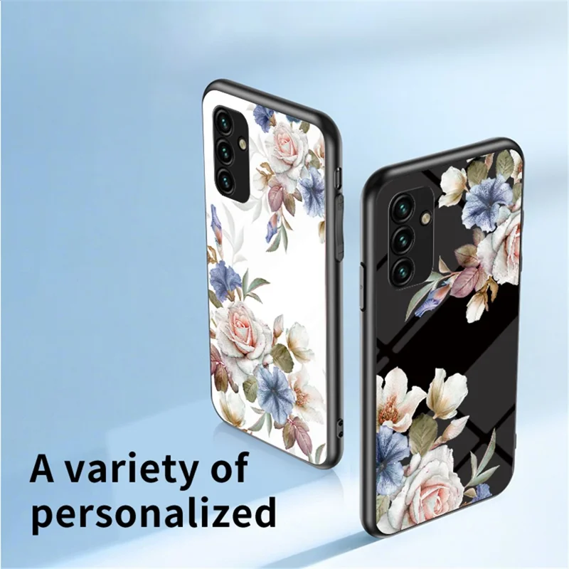 For Samsung Galaxy A14 5G / A14 4G Flower Pattern Phone Cover Tempered Glass+PC+TPU Case with Kickstand - Chinese Rose
