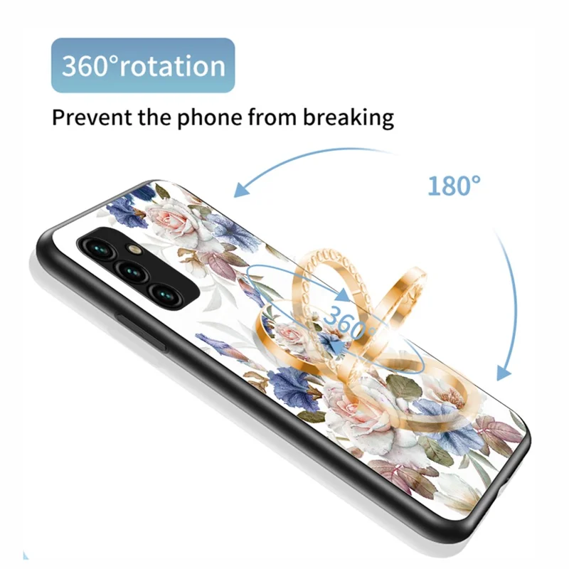 For Samsung Galaxy A14 5G / A14 4G Flower Pattern Phone Cover Tempered Glass+PC+TPU Case with Kickstand - Chinese Rose