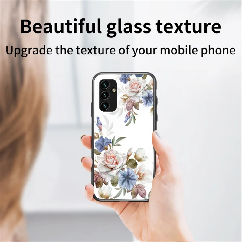 For Samsung Galaxy A14 5G / A14 4G Flower Pattern Phone Cover Tempered Glass+PC+TPU Case with Kickstand - Chinese Rose
