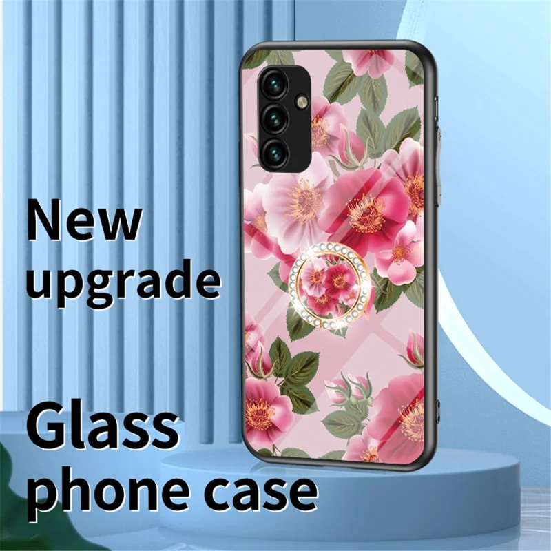 For Samsung Galaxy A14 5G / A14 4G Flower Pattern Phone Cover Tempered Glass+PC+TPU Case with Kickstand - Chinese Rose