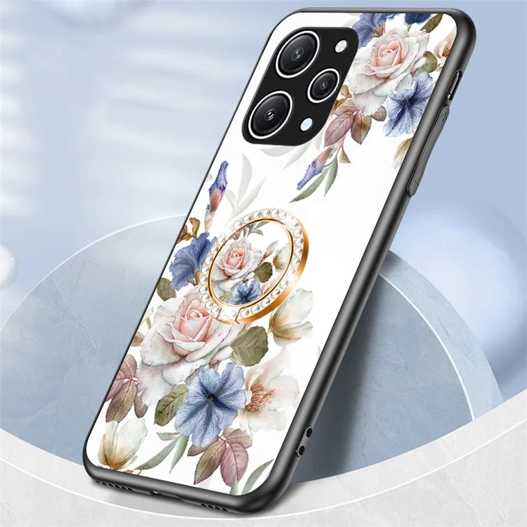 Flower Pattern Ring Kickstand Case for Xiaomi Redmi 12 4G Tempered Glass+PC+TPU Phone Cover - White Flower Bush