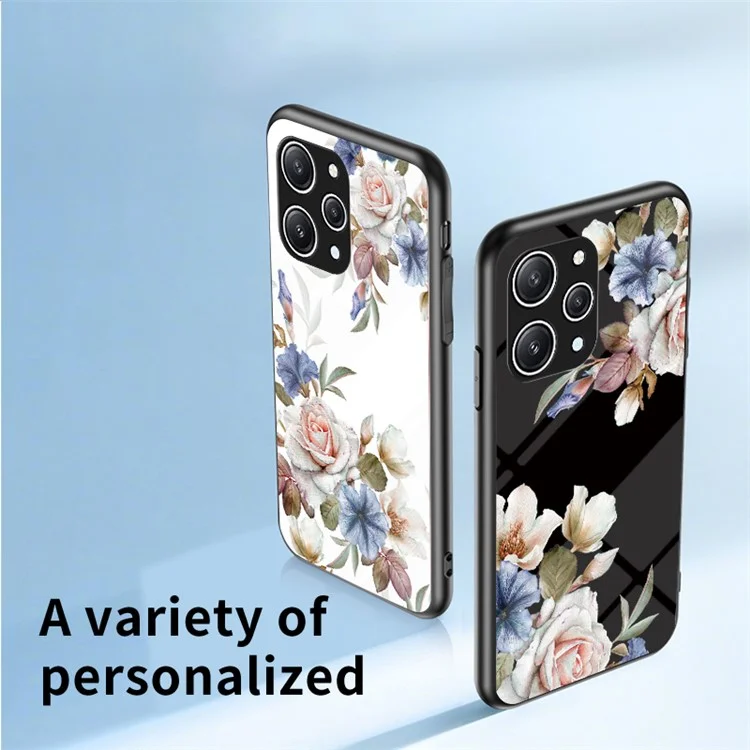 Flower Pattern Ring Kickstand Case for Xiaomi Redmi 12 4G Tempered Glass+PC+TPU Phone Cover - White Flower Bush