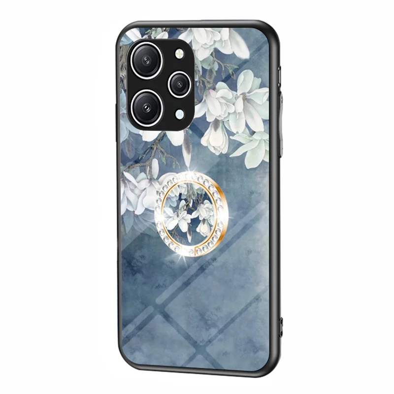 Blomstermønster Ring Ståplate til Xiaomi Redmi 12 4G, Hærdet Glas+PC+TPU Telefonbeskytning - Kinesisk Rose