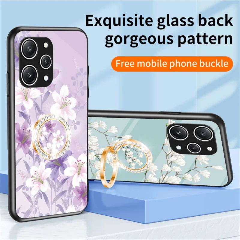 Blomstermønster Ring Ståplate til Xiaomi Redmi 12 4G, Hærdet Glas+PC+TPU Telefonbeskytning - Kinesisk Rose