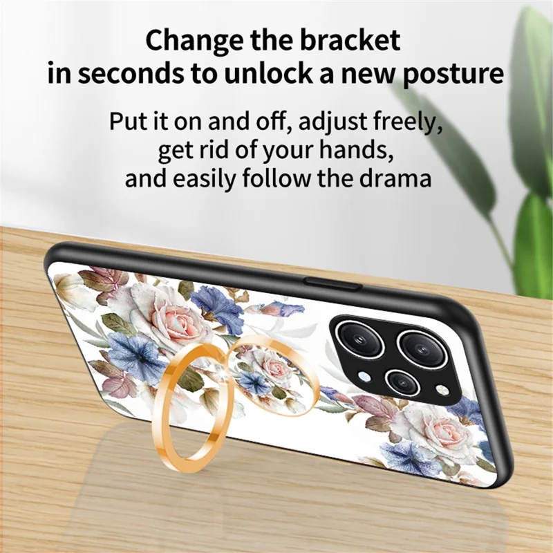 Blomstermønster Ring Ståplate til Xiaomi Redmi 12 4G, Hærdet Glas+PC+TPU Telefonbeskytning - Kinesisk Rose