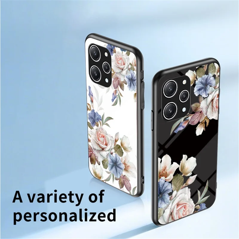 Blomstermønster Ring Ståplate til Xiaomi Redmi 12 4G, Hærdet Glas+PC+TPU Telefonbeskytning - Kinesisk Rose