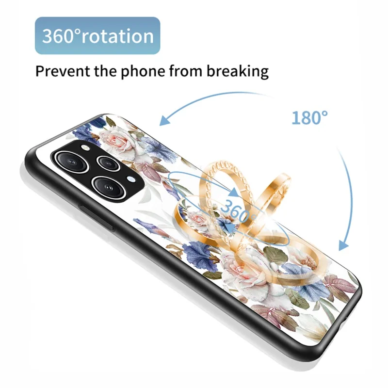 Blomstermønster Ring Ståplate til Xiaomi Redmi 12 4G, Hærdet Glas+PC+TPU Telefonbeskytning - Kinesisk Rose