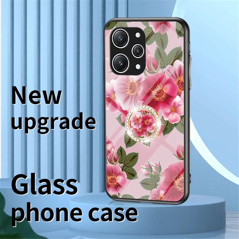 Blomstermønster Ring Ståplate til Xiaomi Redmi 12 4G, Hærdet Glas+PC+TPU Telefonbeskytning - Kinesisk Rose