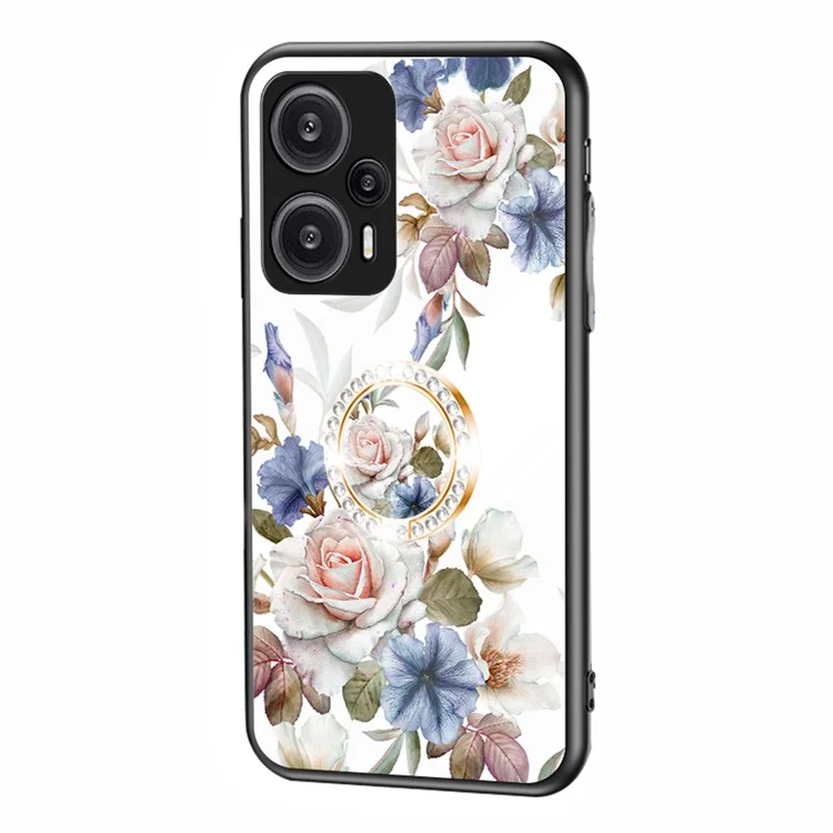 Für Xiaomi Redmi Note 12 Turbo / Poco F5 5G Ring Kickstand Flower Printed Cover Tempered Glass+PC+TPU Mobile Case - Weiße Blumenhecke