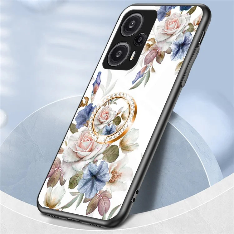 Für Xiaomi Redmi Note 12 Turbo / Poco F5 5G Ring Kickstand Flower Printed Cover Tempered Glass+PC+TPU Mobile Case - Weiße Blumenhecke