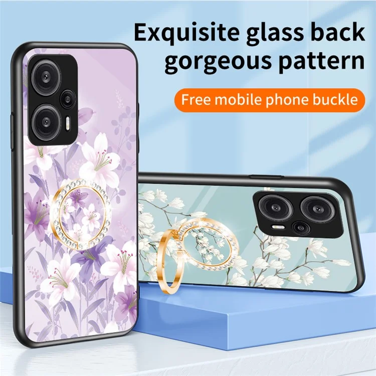 Für Xiaomi Redmi Note 12 Turbo / Poco F5 5G Ring Kickstand Flower Printed Cover Tempered Glass+PC+TPU Mobile Case - Weiße Blumenhecke