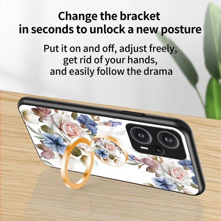 Für Xiaomi Redmi Note 12 Turbo / Poco F5 5G Ring Kickstand Flower Printed Cover Tempered Glass+PC+TPU Mobile Case - Weiße Blumenhecke
