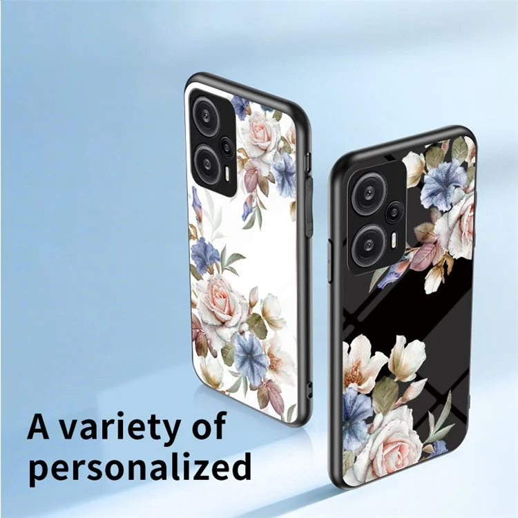 Für Xiaomi Redmi Note 12 Turbo / Poco F5 5G Ring Kickstand Flower Printed Cover Tempered Glass+PC+TPU Mobile Case - Weiße Blumenhecke