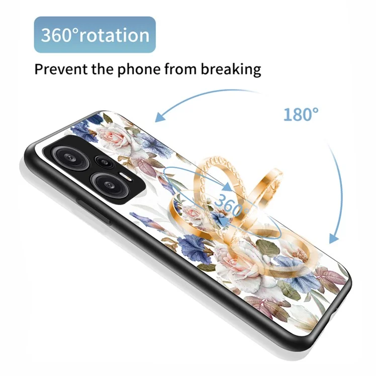 Für Xiaomi Redmi Note 12 Turbo / Poco F5 5G Ring Kickstand Flower Printed Cover Tempered Glass+PC+TPU Mobile Case - Weiße Blumenhecke